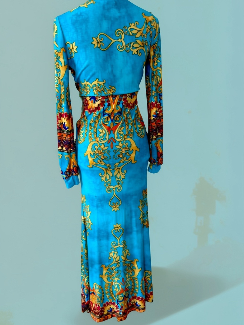 Vibrant Turquoise & Gold Print Maxi Dress with Deep V-Neck - Picture 9 of 16